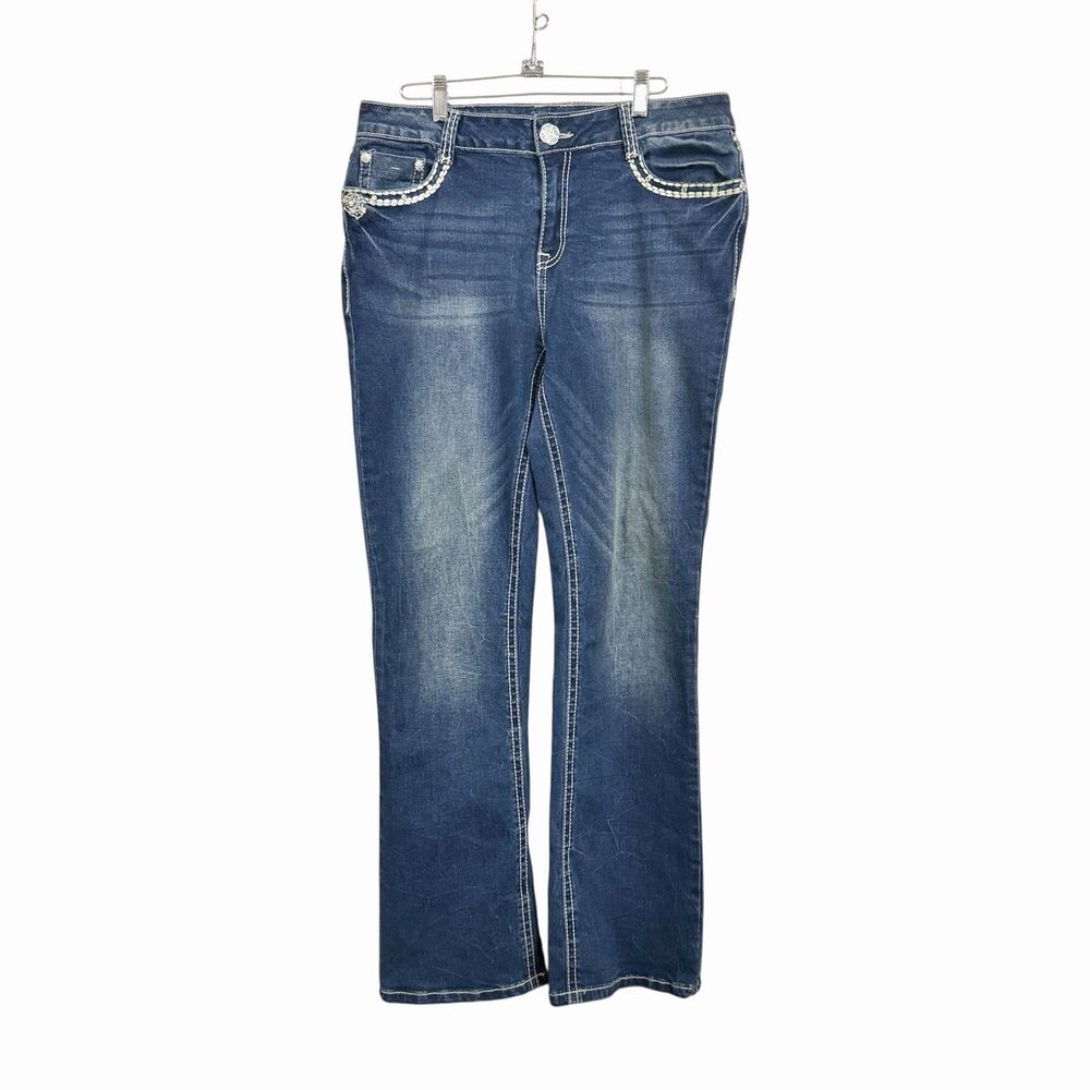 Jack David Womens Sz 15 Blue Bling Flap Pocket Bootcut Denim Jeans Y2K Western